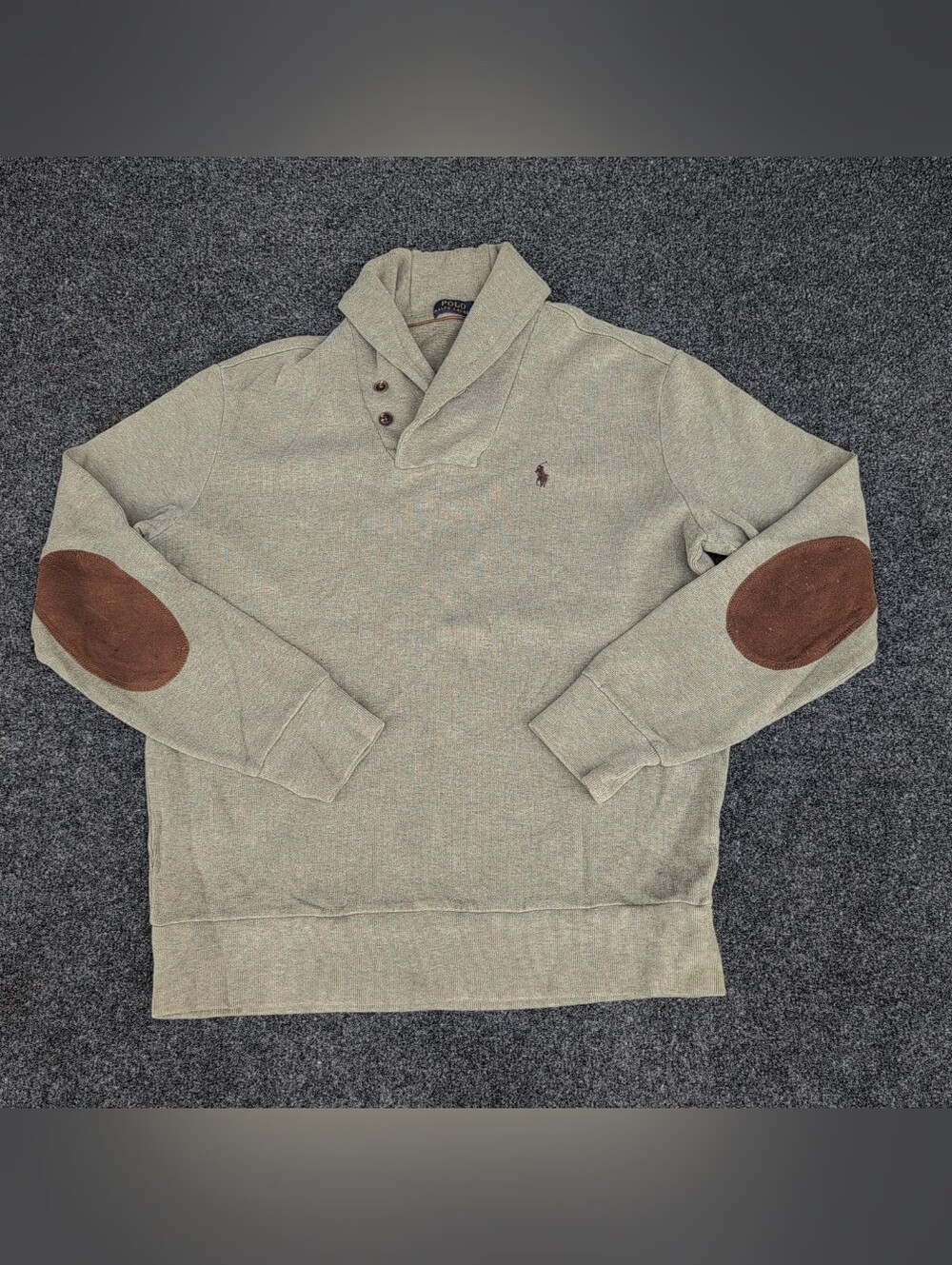 Polo Ralph Lauren Sweater Mens Large Green Shawl Collar Elbow Patches Pony Logo